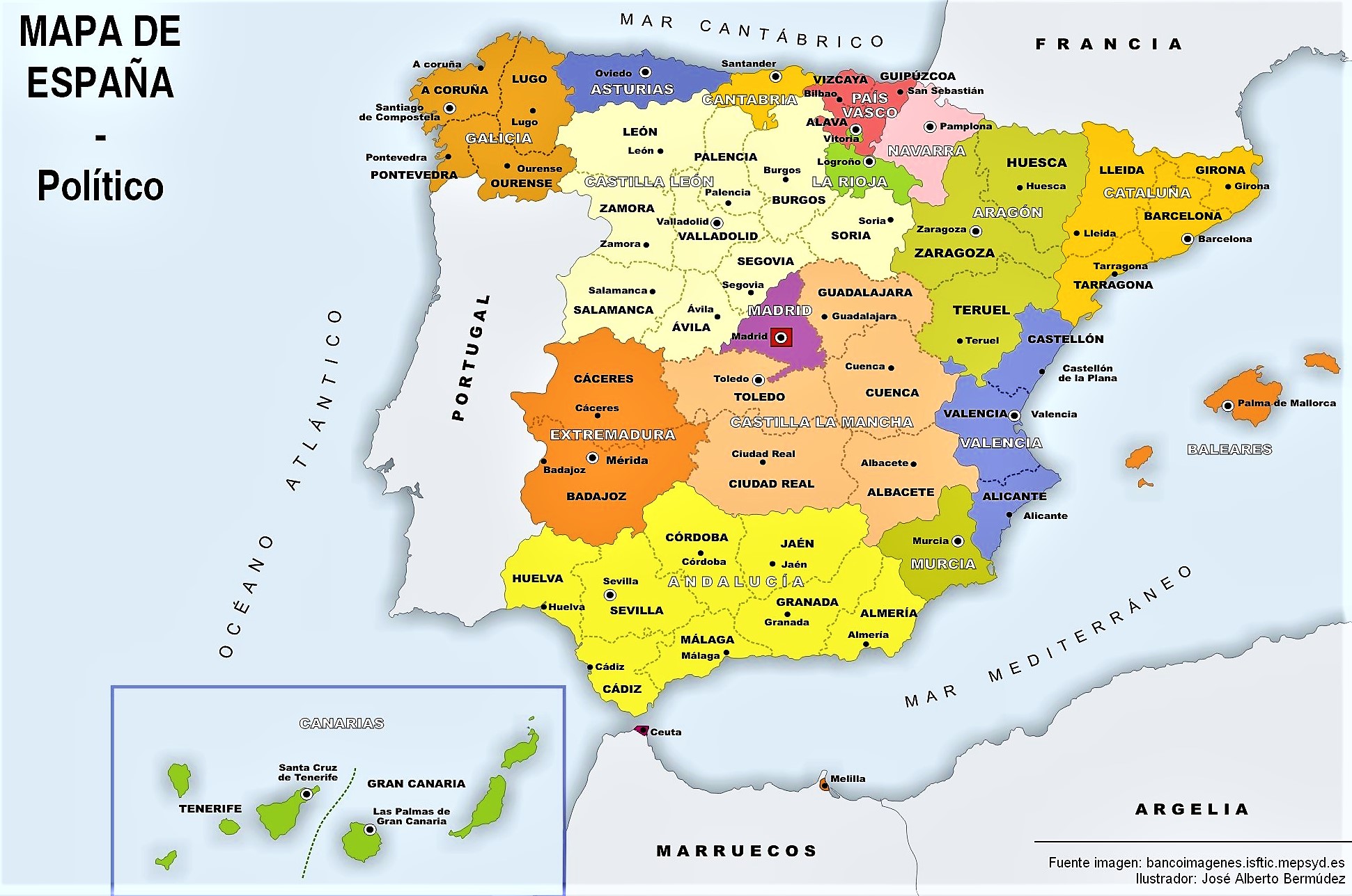 🥇 Mapa de España ⊛ Político Físico ▷ Mudo ▷ Con Nombres » Para Imprimir